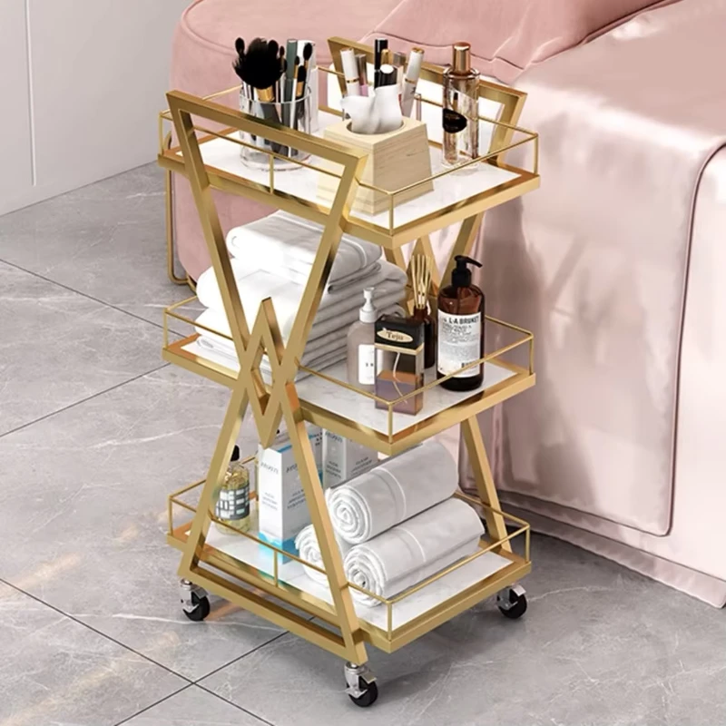 Stainless Steel Frame Rolling Barber Cart Waterproof Rose Gold Trolley Salon Furniture for Hair Kitchen Modern Design