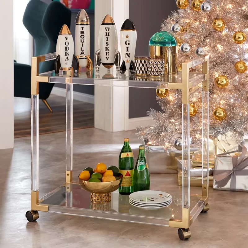 Stainless Steel Frame Tempered Glass Acrylic Four Wheel Trolley Bar Cart for Kitchen Hotel Wedding Banquet Use