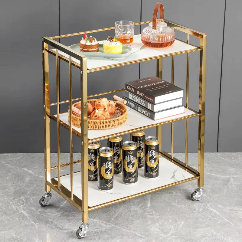 Stainless Steel Gold Luxury Small Cart Hotel Restaurant Service Cart Dining Cart Beverage Cart Mobile