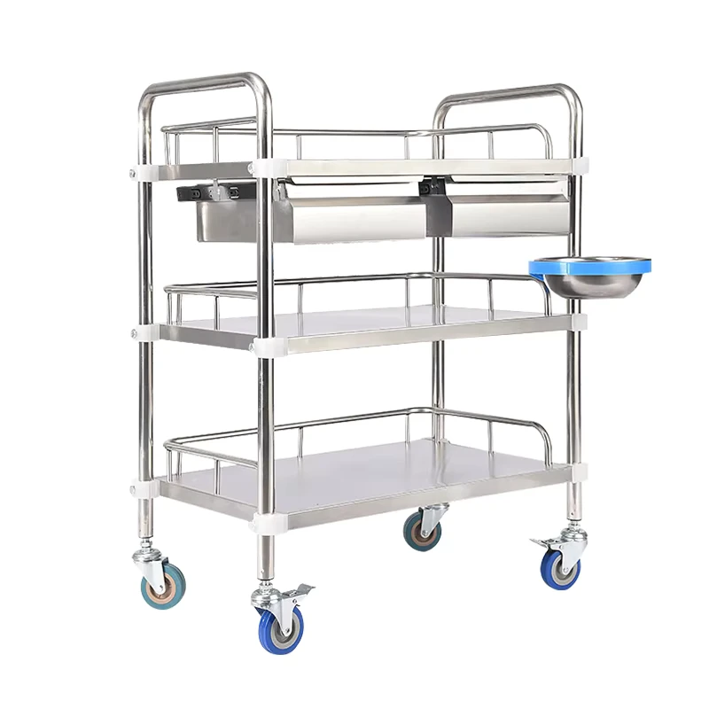 Stainless Steel Hospital Trolley Cart Medication Metal Cart with Wheels Hospital Furniture
