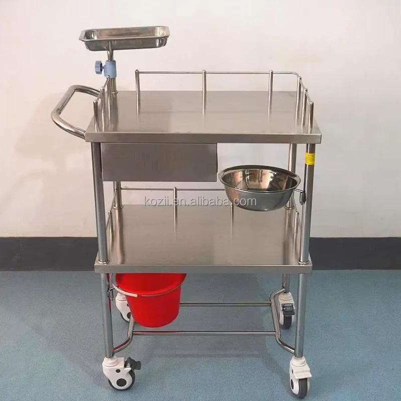 Stainless Steel Medical Dressing Cart 2 Shelf Treatment Trolley 3 Sided Guardrails Height Adjustable Instrument Tray Waste Bin Holder