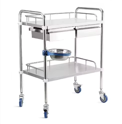 Stainless Steel Medical Trolley with 4 Casters Suitable for Emergency Rooms Double drawer Medical Trolley