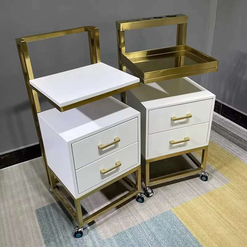 Stainless Steel Metal Gold Plated Salon Barber White Trolley with Directional Wheels for Barber Shop
