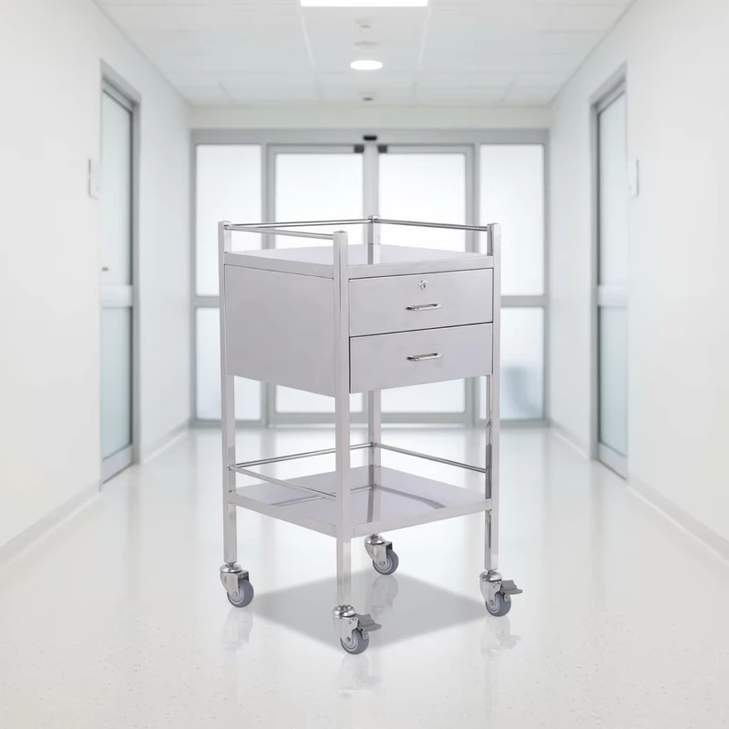 Stainless Steel Modern Medical Cart with 2 Drawers 2 Tier Hospital and Hotel Trolley with Lockable Wheels and Rails