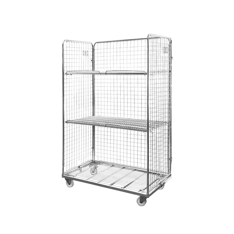 Stainless Steel Warehouse Shelves Roll Container 3 Side Steel Security Lid Cages Storage Metal Cage Trolley
