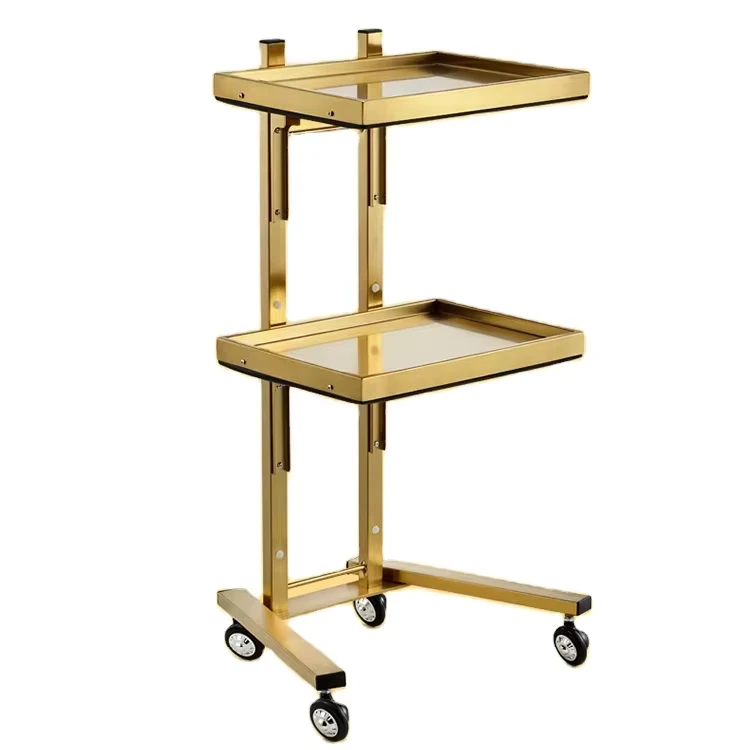 Stainless Tool Cart Barber Shop Beauty Salon Tray Cart Hair Station Equipment Furniture Medical Trolley Cart with Wheels Golden