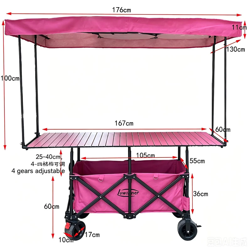 Stall Use Folding Cart Hand Pulled Cart Street Vending Camping Adjustable Tabletop Umbrella Extendable Off Road Wheel Canopy