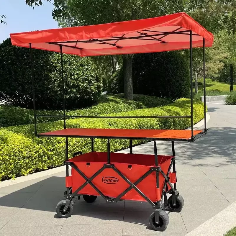 Stall Use Folding Cart Hand Pulled Cart Street Vending Camping Adjustable Tabletop Umbrella Extendable Off Road Wheel Canopy