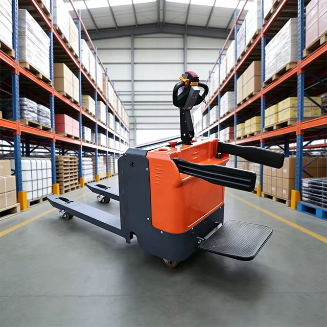 Stand On Electric Pallet Truck with Arm Guards for Warehouse Lifting Stacking Handling