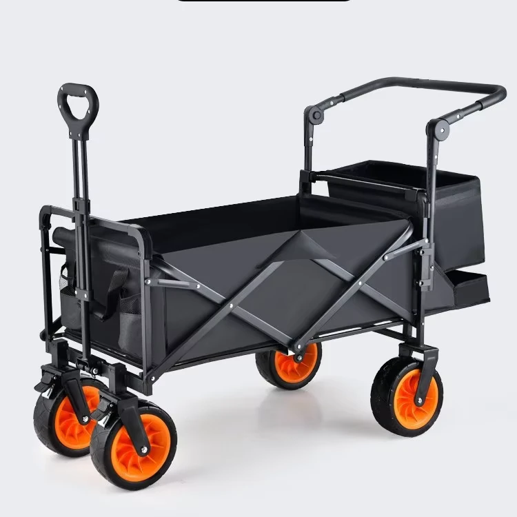 Standard Model Camping Cart Folding Hand Pull Cargo Cart Outdoor Black Orange
