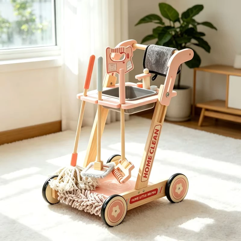 StarQmi Wooden Cleaning Trolley for Kids Indoor Outdoor Pretend Play Housekeeping Toy Set Early Education Flashing Unisex