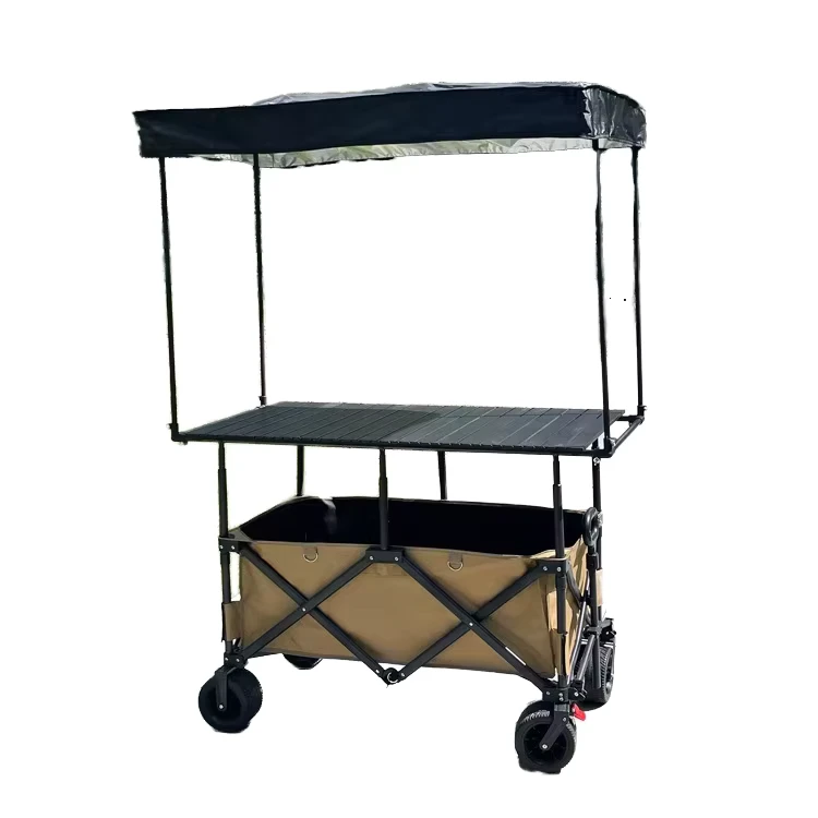 Steady Adjustable Folding Four Wheel Metal Snack Cart Stall Picnic Camping Garden Shopping Cart 120cm Table Sunshade