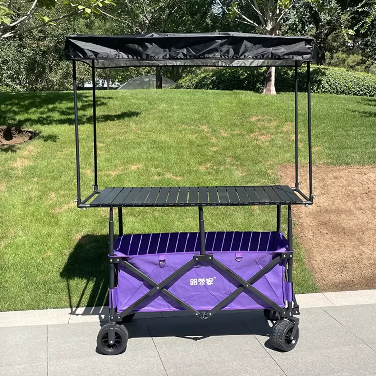 Steady Adjustable Folding Snack Cart Stall Cart Picnic Camping Cart with 120cm Table and Sunshade for Outdoor