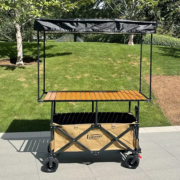 Steady Adjustable Folding Snack Cart Stall Cart Picnic Camping Cart with 120cm Table and Sunshade for Outdoor