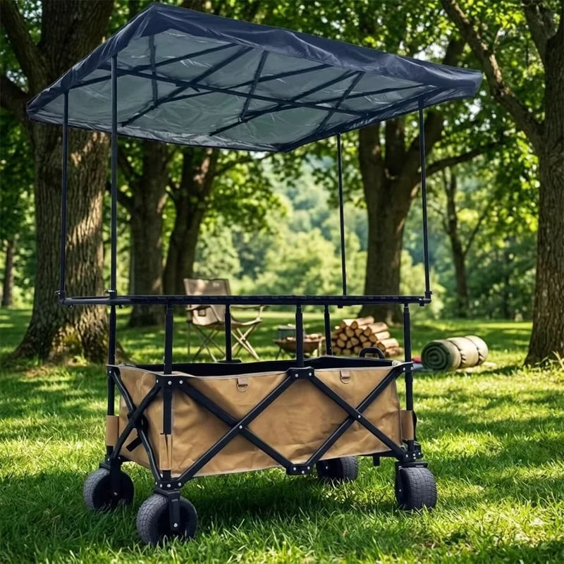 Steady Adjustable Folding Snack Cart Stall Cart Picnic Camping Coffee Cart with 120cm Table and Sunshade for Outdoor