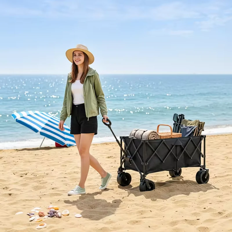 Steel Camping Cart Large Capacity Beach Foldable Four Wheel Wagon with Quick Release Wheels OEM Outdoor Camping Trailer
