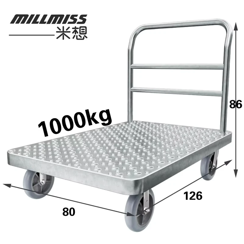 Steel Cart Dolly Four Wheel Heavy Duty Platform Truck Flat Cart Stainless Steel Frame Warehouse Trolley 800KG 1000KG Tools