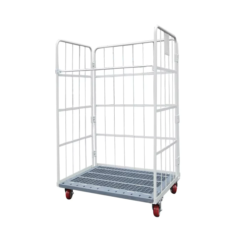 Steel Collapsible Four Wheel Foldable Metal Mesh Storage Rolling Warehouse Cage Trolley with Plastic Base 500kg Load Capacity