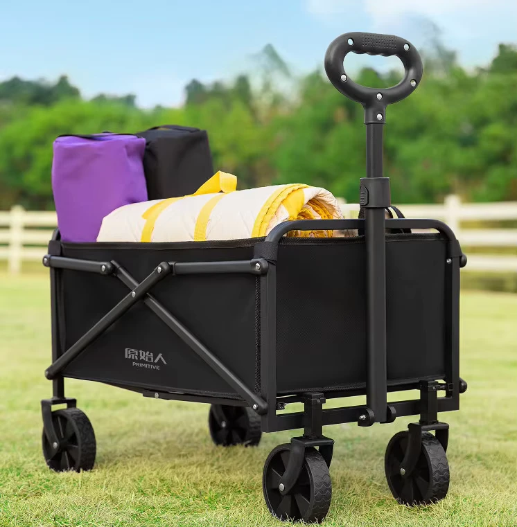 Steel Foldable Four Wheel Mini Camping Wagon Cart Black Portable for Outdoor Use