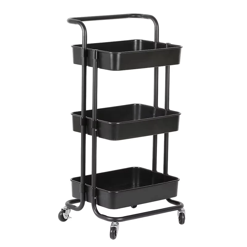 Steel Home Use Trolley with Wheels Kitchen Serving 3 Layer Black Colorful Metal Cart Trolley