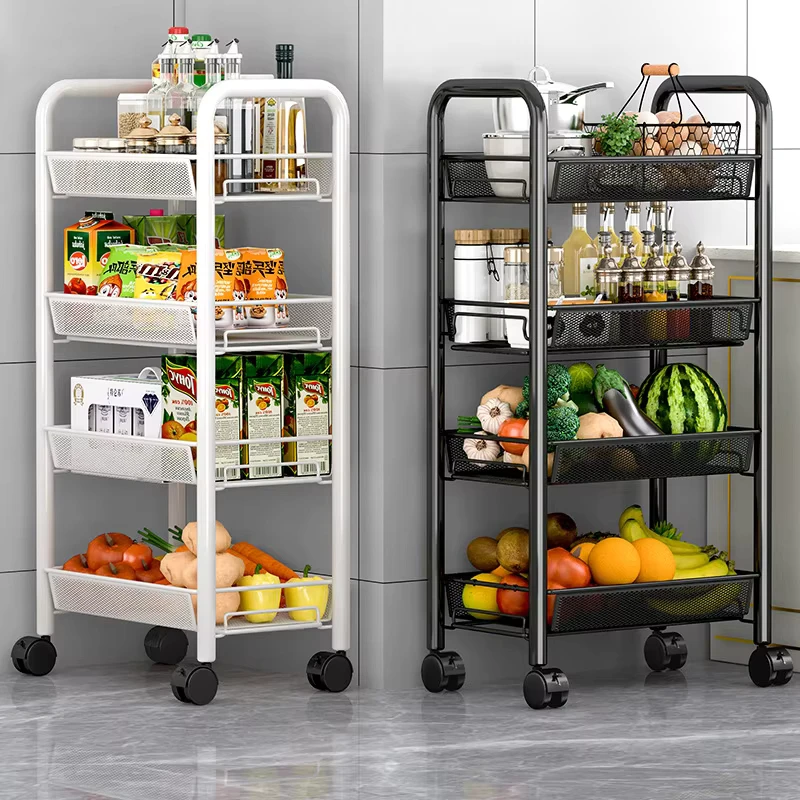 Steel Kitchen Storage Rack Floor Standing Multi Layer Movable Household Trolley Simple Design for Organizing Vegetables Fruits