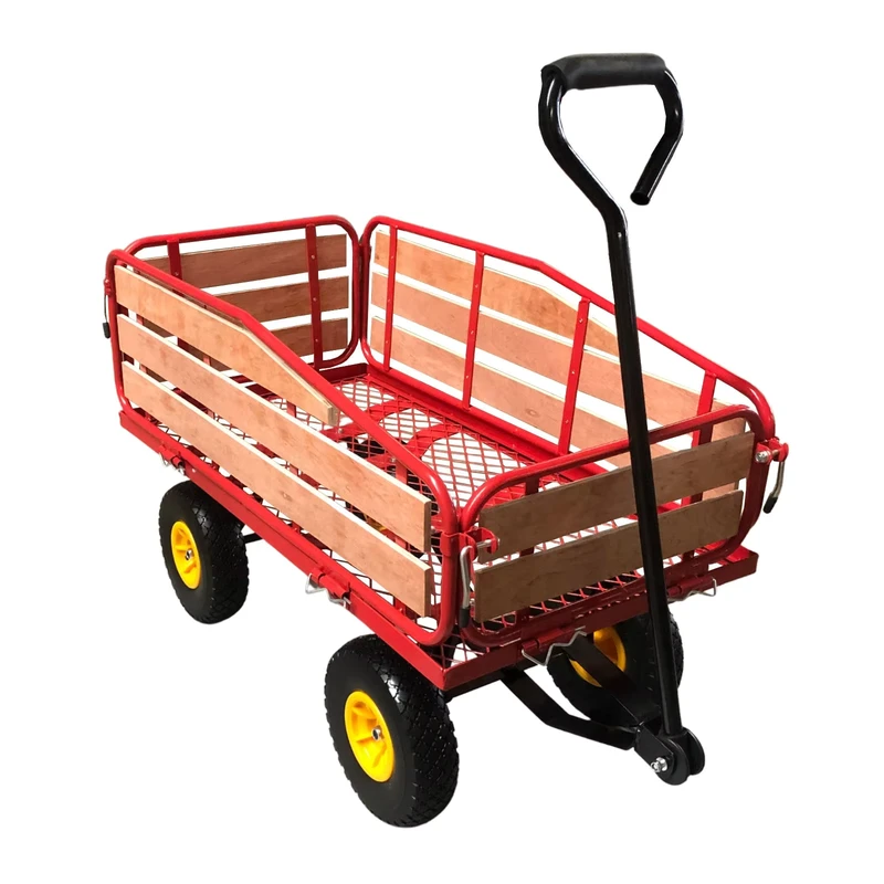 Steel Wood Garden Cart Utility Wagon Trolley Hand Truck Wooden Railing Four Wheel Platform Design Tools