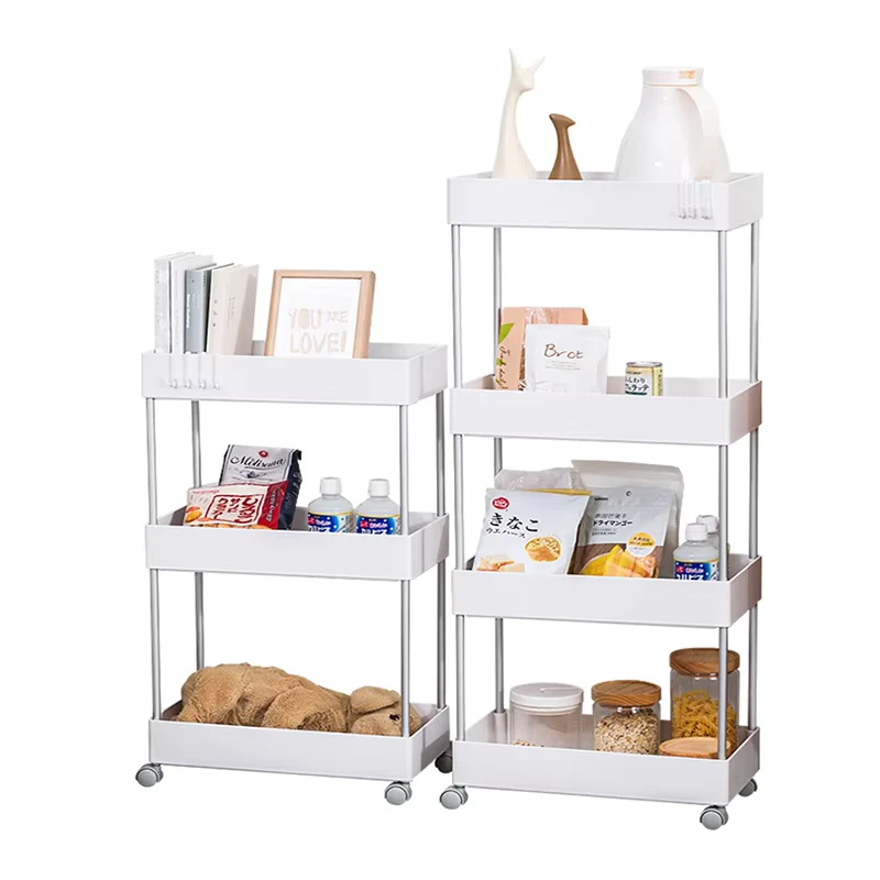 Storage Cabinet Rack Organizer Kitchen Bathroom Plastic Rack 4 Tier Shelf Holders Movable Assemble Shelves Household With Wheel