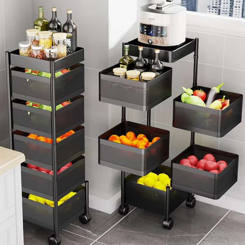 Storage Rack Household Storage Square Rotating Rack 5 Layers Kitchen Vegetable Storage Cart Utility Carbon Steel Paint Trolley