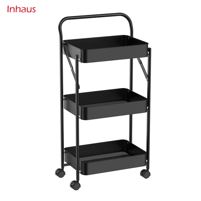Storage Trolley 3 Tier Foldable Metal Rolling Organizer Cart with Casters Mobile Utility Service Cart for Kitchen