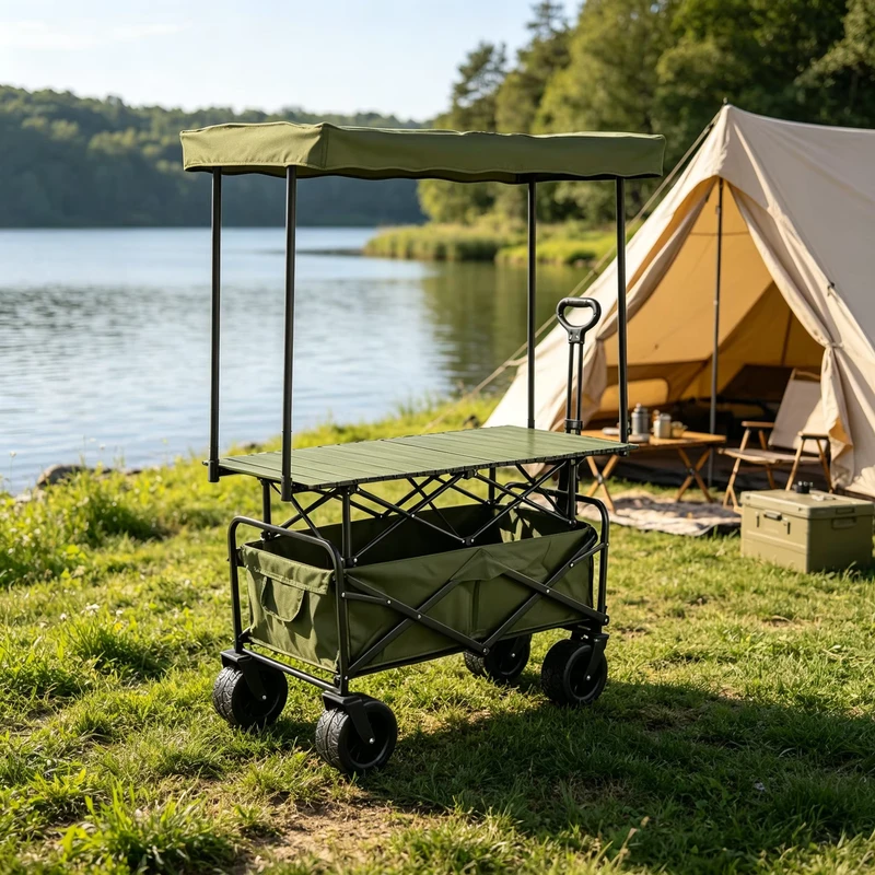 Sturdy Folding Camping Wagon Cart with Table and Awning Portable Camping Beach Cart for Outdoor Camping Picnic
