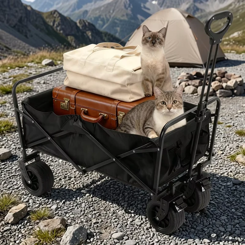 Sturdy Folding Collapsible Four Wheel Steel Camping Wagon Cart with Adjustable Handle Large Capacity for Outdoor Camping