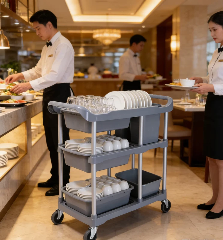 Sunmax 3 Tier Kitchen Hotel Household Plastic Collect Boxes Tableware Dish Mobile Dolly Cleaning Service Trolley for Restaurant