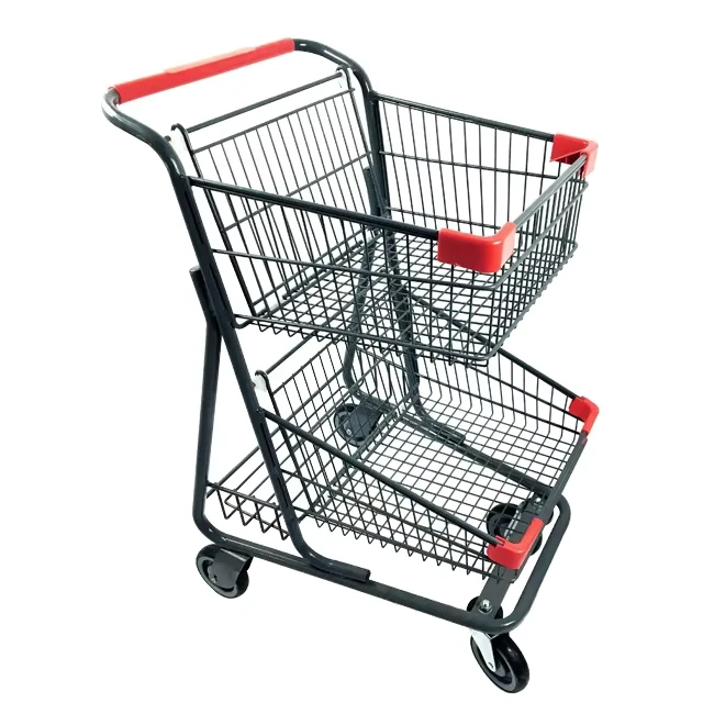 Supermarket American store shop metal two basket two tier hand push trolley shopping cart