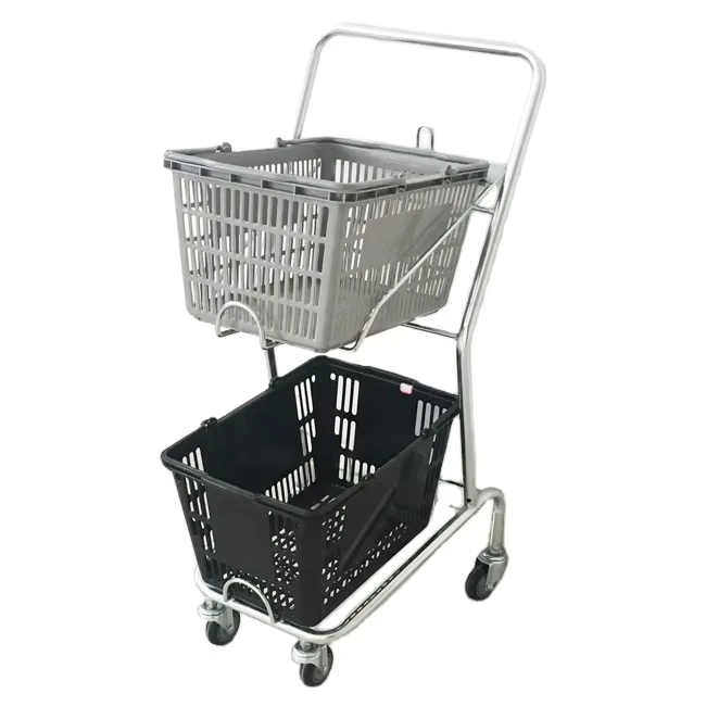 Supermarket Basket Trolley Two Tier Small Shopping Cart with Plastic Basket 60kg Capacity Anti rust Silver Unfolding Design