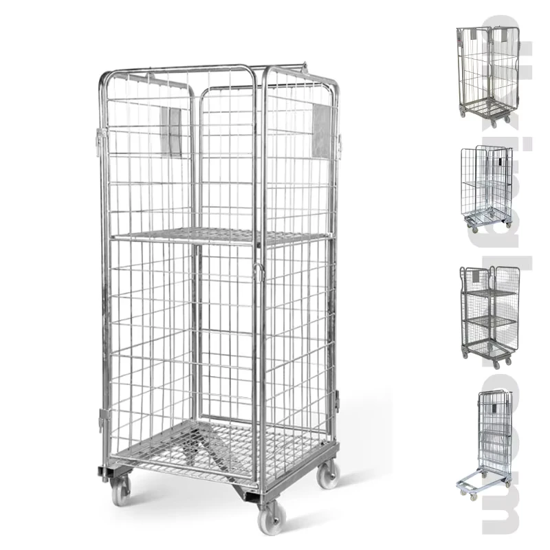 Supermarket Cargo Storage Rolling Wire Mesh Cage Trolley Cart Nesting Collapsible Roll Container Cage with Wheels
