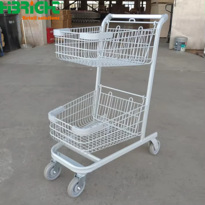 Supermarket Convenience Store White Mesh Double-layer Design Shopping Cart with 4 Swivel Wheels