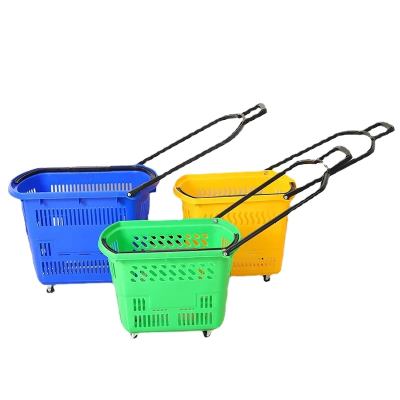 Supermarket Folding Trolley with Wheel Baskets Plastic Hand Pull Shopping Carts