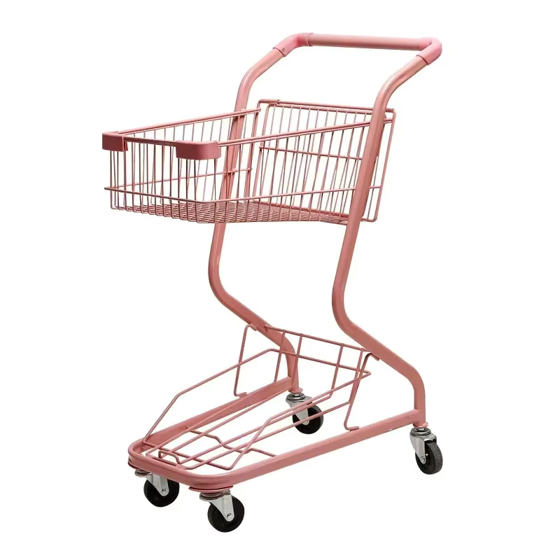 Supermarket Heavy Duty Hand Push Shopping Trolley 2 tier Shopping Cart With 4 Wheels