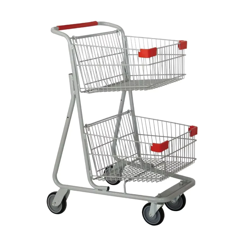 Supermarket Heavy Duty Hand Push Shopping Trolley 2 tier Shopping Cart With 4 Wheels