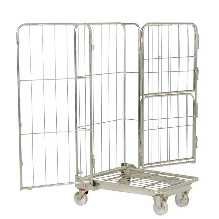 Supermarket Portable Galvanized Foldable Security Wire Roll Container Cage Trolley Silver Color Logistics Cart