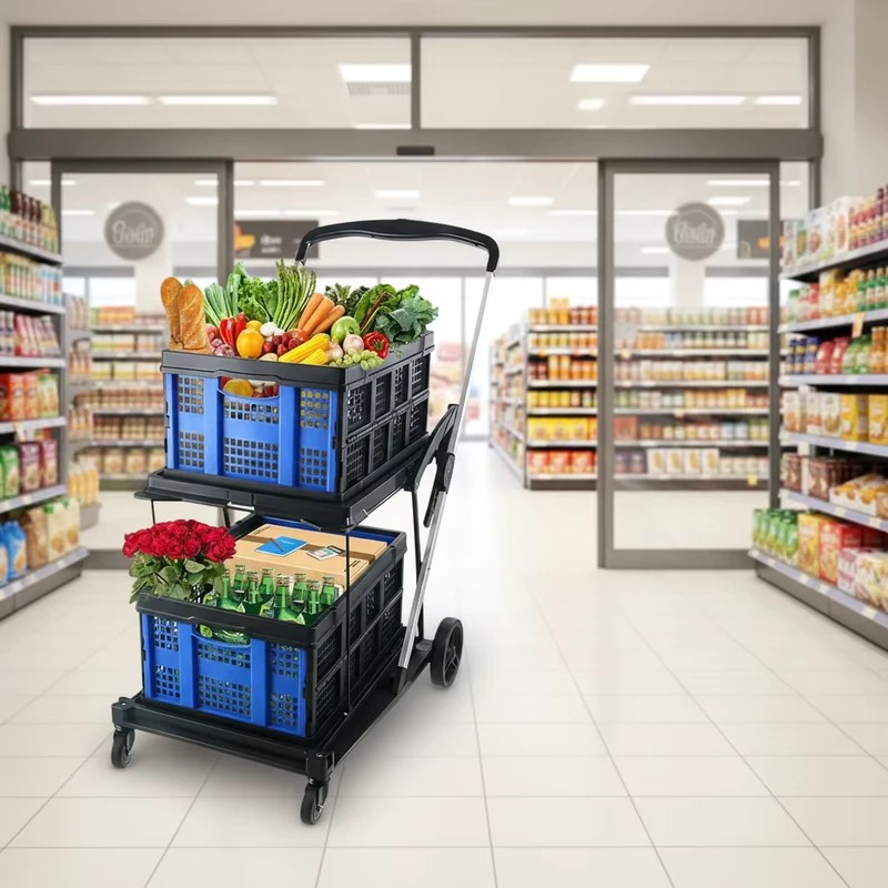 Supermarket Purchasing Multi Use Foldable Grocery Cart with 4 Wheel Mobile Folding Trolley OEM Customizable Platform Structure