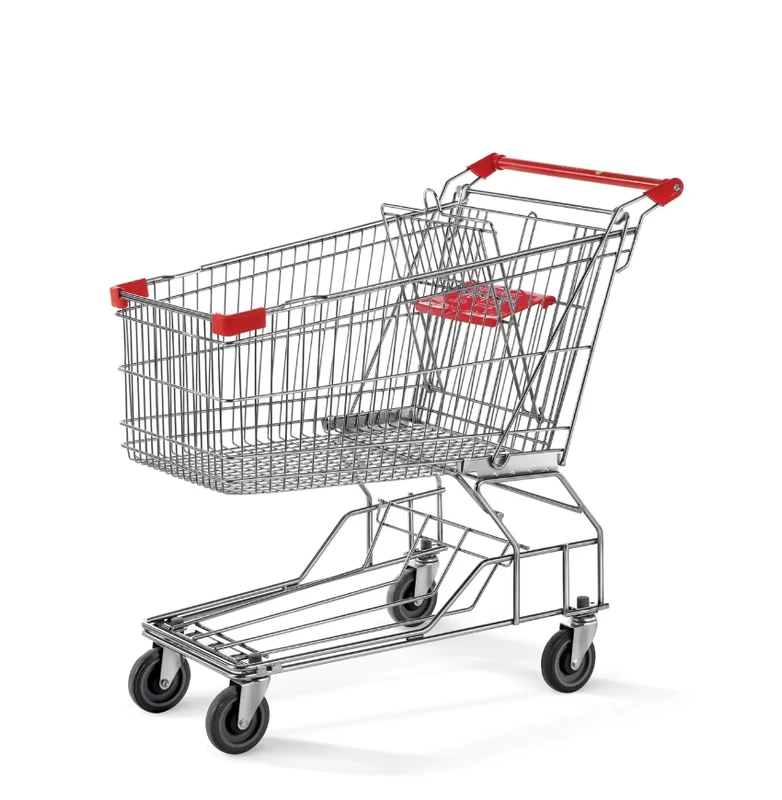 Supermarket Retail Stores Use Double layer Mesh Storage Baskets Metal Shopping Carts with 4” PU Wheels Eco Friendly Durable