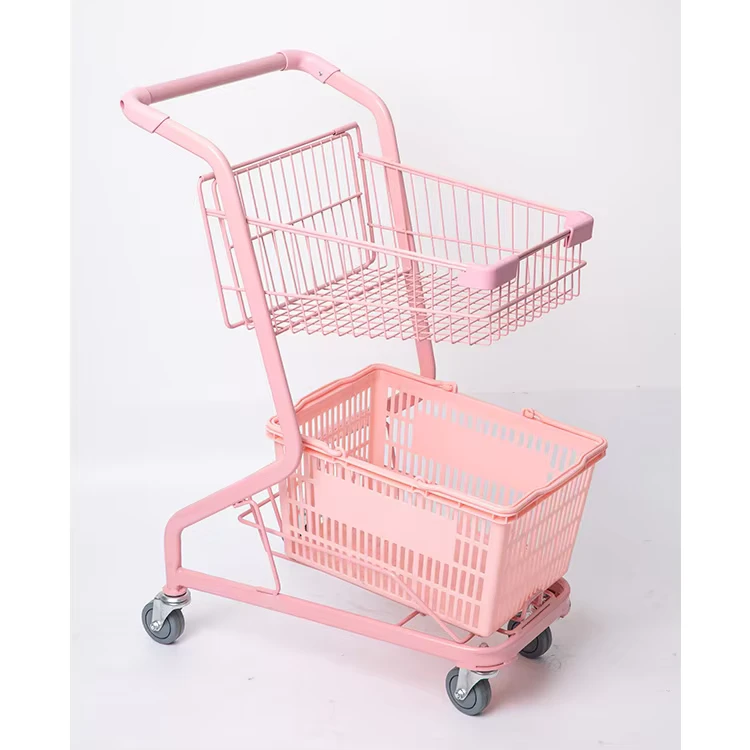 Supermarket Shopping Basket Trolley Heavy Duty Metal Two Tier Double Layer Mesh Structure