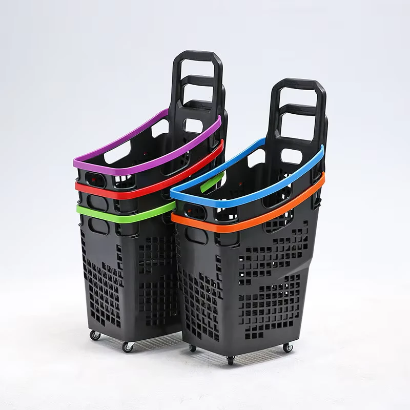 Supermarket Shopping Basket with Wheels Plastic Rolling Grocery Cart Large Capacity Nestable Retail Store Shopping Trolley
