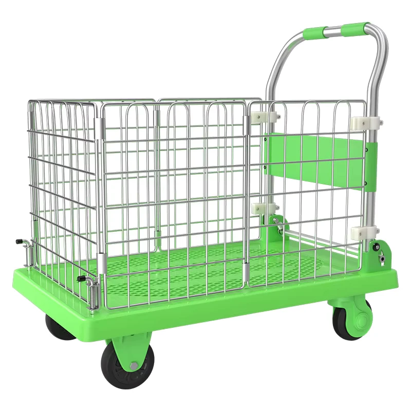 Supermarket Shopping Cart Trolley Caster Wheels Flatbed Car Handling Hand Push Storage Rack Fence Transport Trailer Pull Cargo