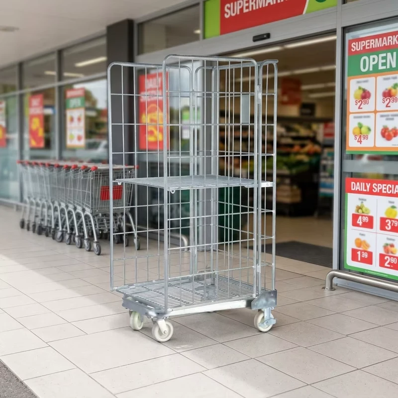 Supermarket Shopping Carts Good Price Zinc Plated Folding Steel Trolley with PU Wheels Convenient Waterproof for Outdoor Use