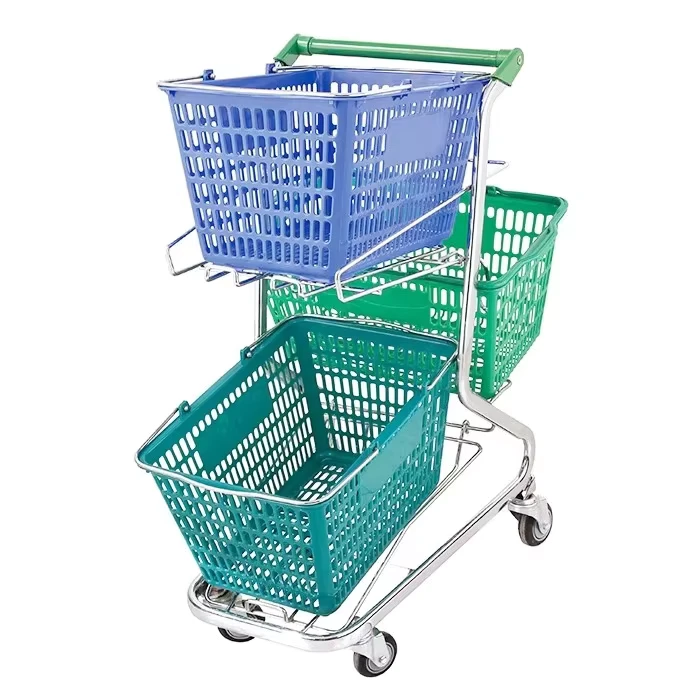 Supermarket Shopping Trolleys and Carts Double Basket Hand Push Grocery Store Product with Wheels for Shopping