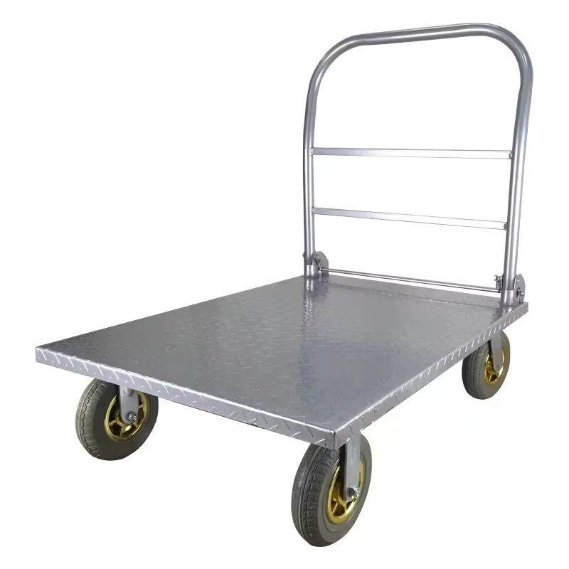 Supply Supermarket Stainless Steel Flat Hand Push Logistics Pull Goods Handling Folding Trolley