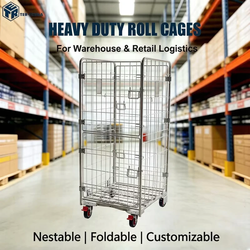 TER Zinc Galvanized 4 Sided Nestable Roll Container Half Open Gate Logistics Secure Fabric Apparel Transportation Wire Mesh