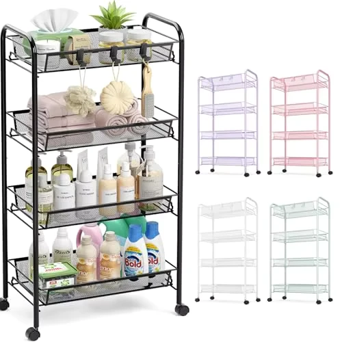 TOOLF 4 Tier Rolling Cart Metal Utility Cart 3 Hooks Easy Assemble Mobile Storage Trolley Wheels Shelving Units Multifunctional